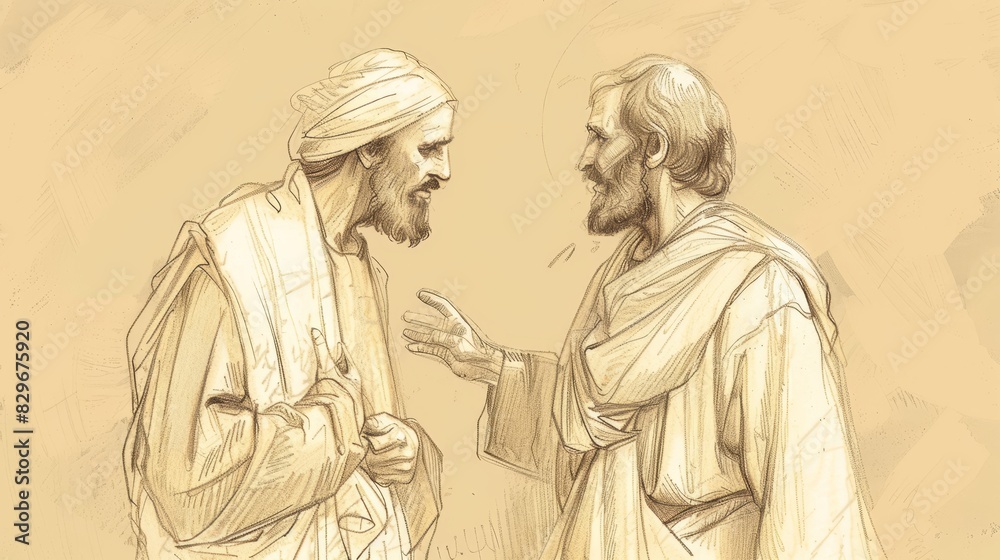 Biblical Illustration: Nicodemus and Jesus, Nighttime Visit, Teaching on New Birth, Beige Background, Copyspace Biblical Illustration: Nicodemus and Jesus, Nighttime Visit, Teaching on New Birth, Beige Background, Copyspace