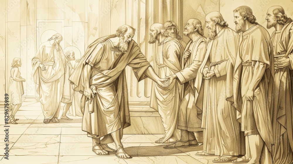 Biblical Illustration: Peter Heals Beggar, Temple Gate Miracle, Onlookers Astonished, Beige Background, Copyspace Biblical Illustration: Peter Heals Beggar, Temple Gate Miracle, Onlookers Astonished, Beige Background, Copyspace