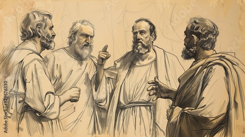 Biblical Illustration: Paul on Trial, Festus and Agrippa, Bold Faith Defense, Beige Background, Copyspace photo
