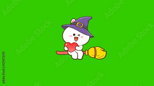 Animated Halloween Witch Riding Broomstick Holding Heart - Green Screen
