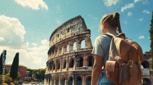 A woman standing in front of the iconic Colosseum in Rome. Suitable for travel and historical concepts photo