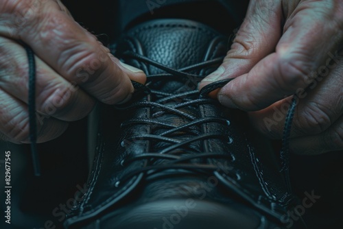 Close up of a person tying a shoelace, useful for demonstrating proper shoe-tying technique