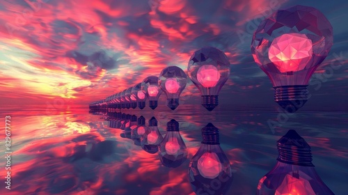 Wallpaper Mural A gentle, pastel coral sky in a flat minimalist design, dotted with 3D crumpled paper light bulbs, each floating and casting a soft light Torontodigital.ca