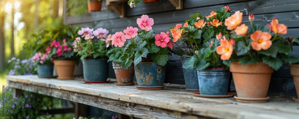 Row of potted flowers on rustic wooden table. Row of potted flowers on rustic wooden table.