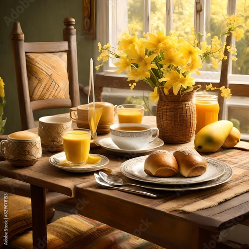 describe a scene of a rable decorated wiyh breakfast served with breads, juices and fruits.
 photo