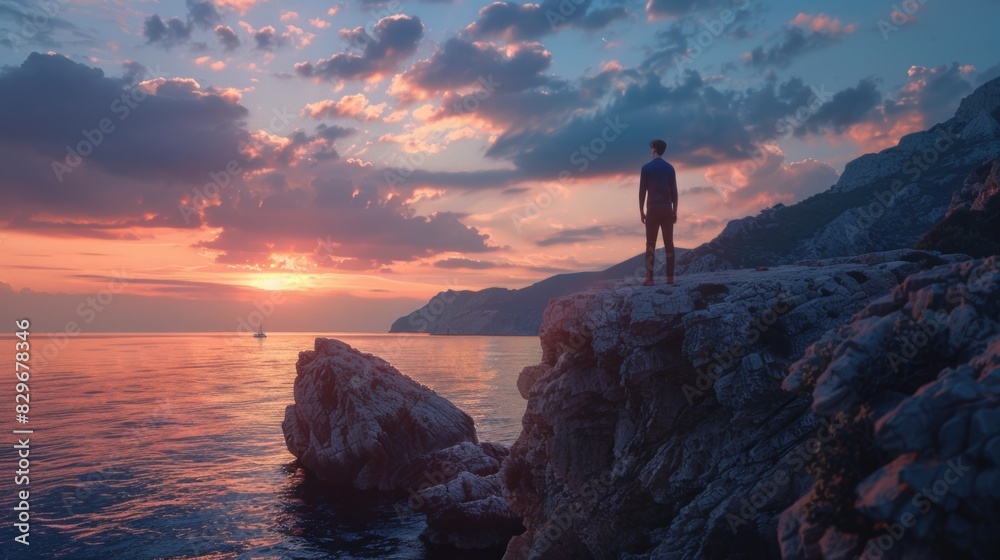A man standing on top of a cliff next to the ocean. Suitable for travel and adventure concepts