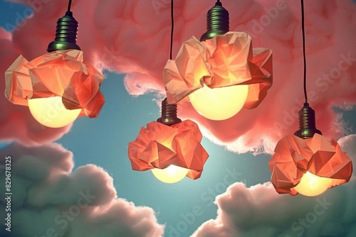 Illustration of several 3D floating crumpled paper light bulbs, each glowing softly against a flat minimalstyle blush pink background