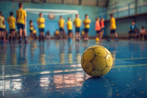 Bright yellow soccer ball on a vibrant blue floor. Perfect for sports events and activities