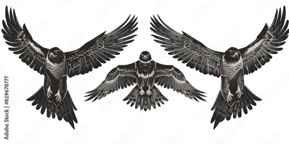 Fototapeta premium Three black and white images of birds with spread wings. Ideal for nature and wildlife designs