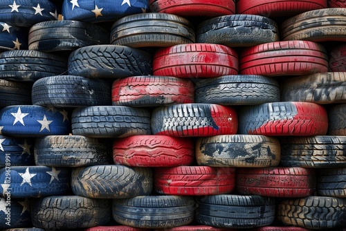 American flag made of stacked tires, a testament to American ingenuity. Red, white, and blue tires are meticulously arranged, creating a flag with a rugged, industrial feel