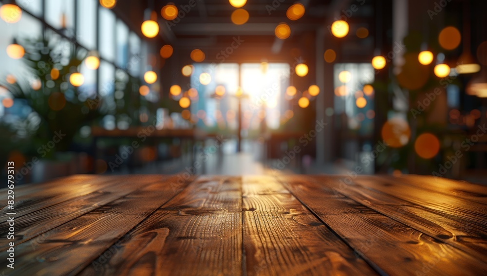 Rustic Wooden Table in Cozy Cafe with Warm Lighting and Blurred Background Rustic Wooden Table in Cozy Cafe with Warm Lighting and Blurred Background