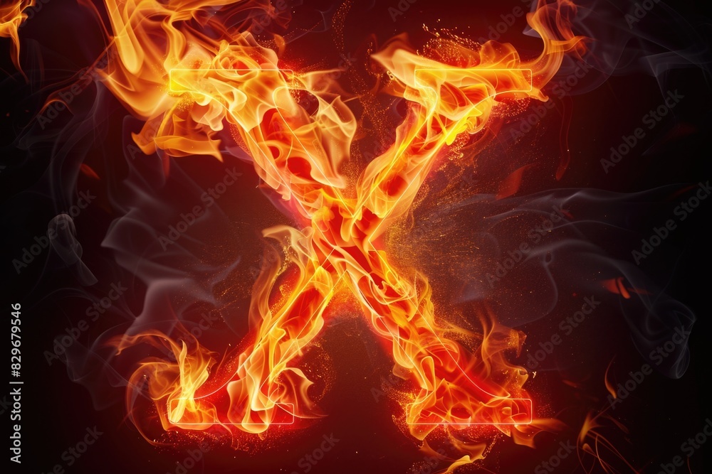 A burning letter X on a dark, dramatic background. Perfect for design projects or themed events A burning letter X on a dark, dramatic background. Perfect for design projects or themed events