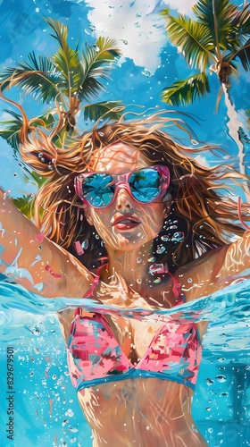 swimming in the pool, woman with long wavy red hair wearing a pink and blue pastel neon suit floating underwater, which in Generate AI