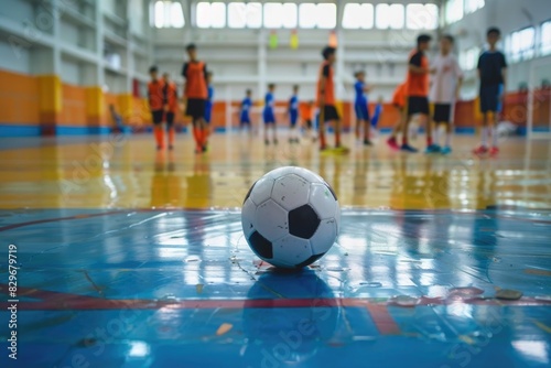 A soccer ball on the gym floor. Suitable for sports and fitness concepts