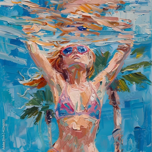 oil painting of swimming in the pool, woman with long wavy red hair wearing a pink and blue pastel neon suit floating underwater, which in Generate AI
