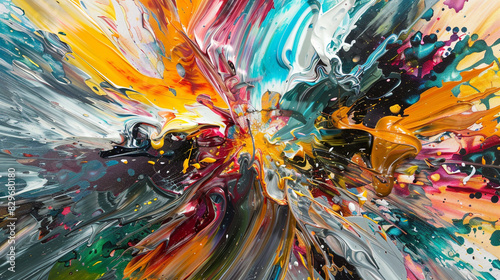 A dynamic explosion of colors and forms, captured in the spontaneous gestures of an oil painting abstraction.