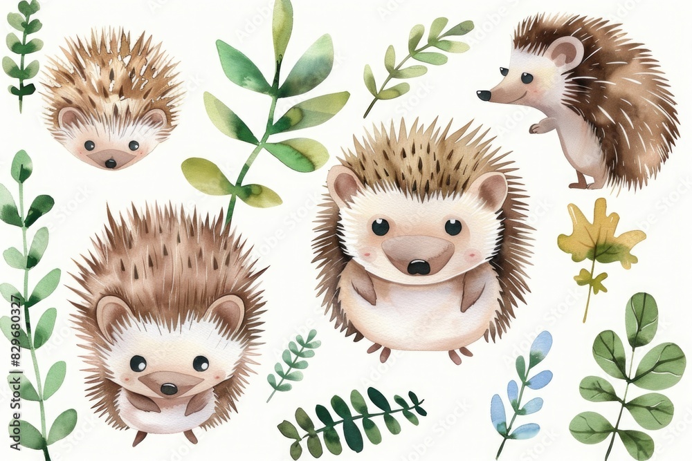 A group of hedgehogs surrounded by plants and leaves. Suitable for nature and wildlife themes A group of hedgehogs surrounded by plants and leaves. Suitable for nature and wildlife themes