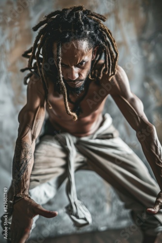 A man with dreadlocks showing off a trick. Suitable for sports or entertainment concepts