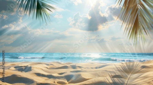 The turquoise water reflects the blue sky, white clouds and tropical islands. Summer vacation natural landscape, panorama. Summer background with frame, tropical golden beach nature with sunlight and 