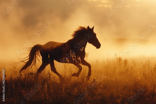Majestic horse galloping through lush field. Suitable for nature and animal themes