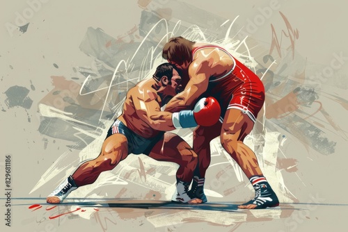 A dynamic painting of two men wrestling. Suitable for sports or competition themes
