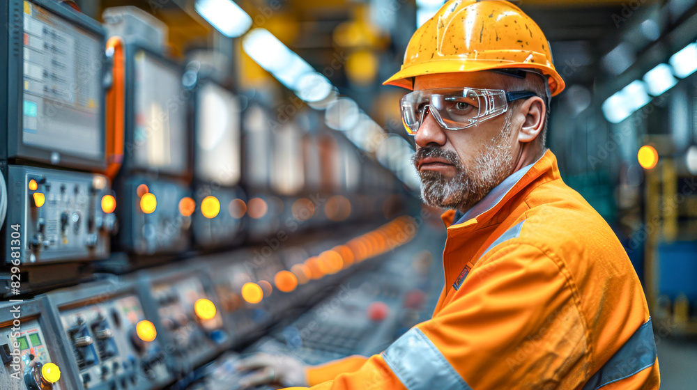 Engineer Operating Control Panel in Industrial Facility. Engineer Operating Control Panel in Industrial Facility.