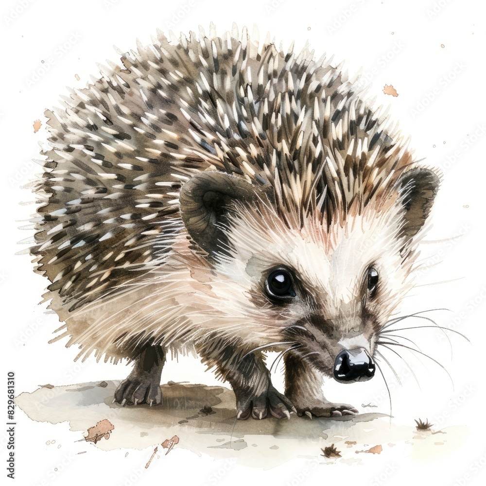 Obraz premium Ultra realistic watercolor style illustration of beautiful hedgehog, high detailed, close up, isolated on white