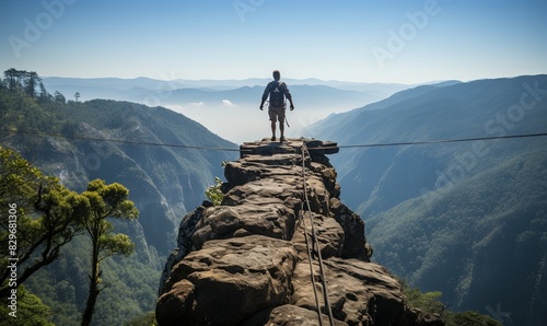 Man Balancing on Rope Over Valley photo