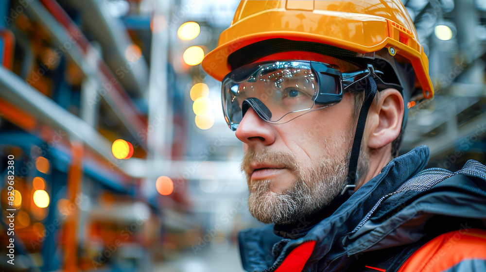 Engineer Wearing Hard Hat and Safety Goggles in Factory. Engineer Wearing Hard Hat and Safety Goggles in Factory.