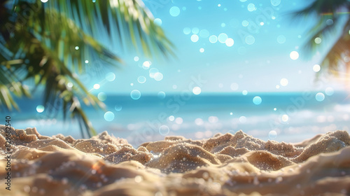 Blurred background of a beautiful sandy beach with palm trees and a blue sky.