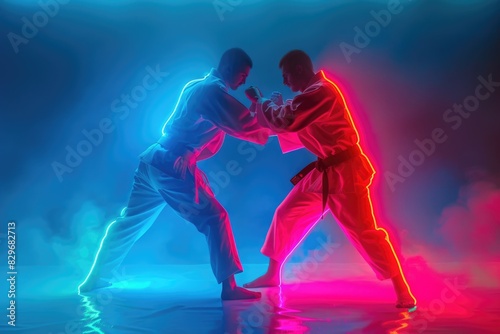 Two men fighting in the dark with neon lights, suitable for action or conflict concepts