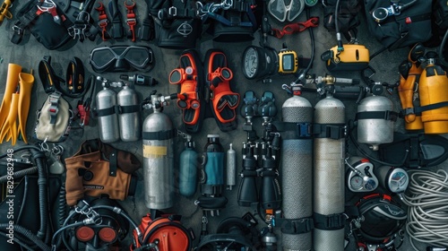Scuba gear and equipment neatly displayed on a wall. Perfect for diving enthusiasts and scuba diving websites photo