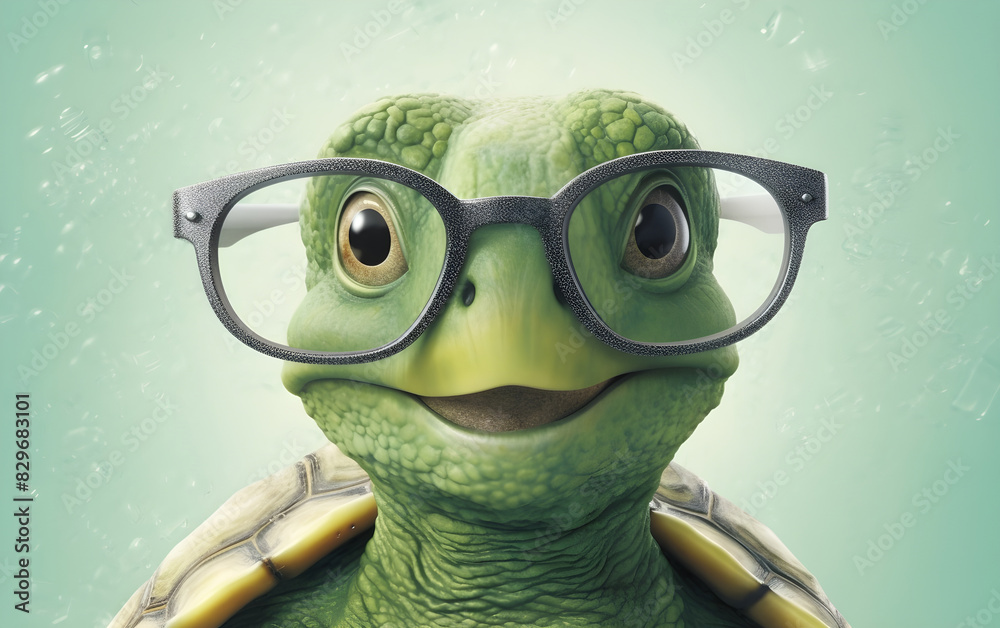 Obraz premium Delightful green turtle with adorable glasses