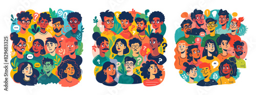 Group communication online cartoon vector concepts. Men women avatars heads faces, questions answers asking looking searching information crowd people characters, illustrations isolated on white