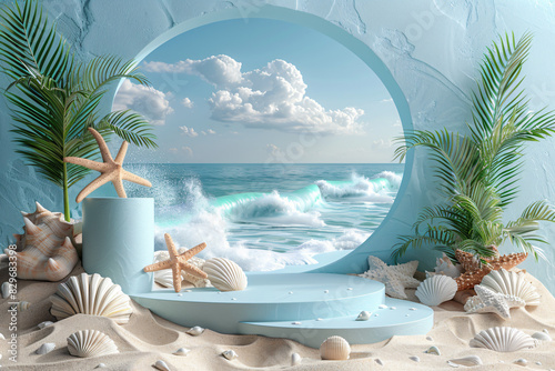 Summer beach 3d background with cylinder two stairs product podium, palm trees, seashells and starfishes 