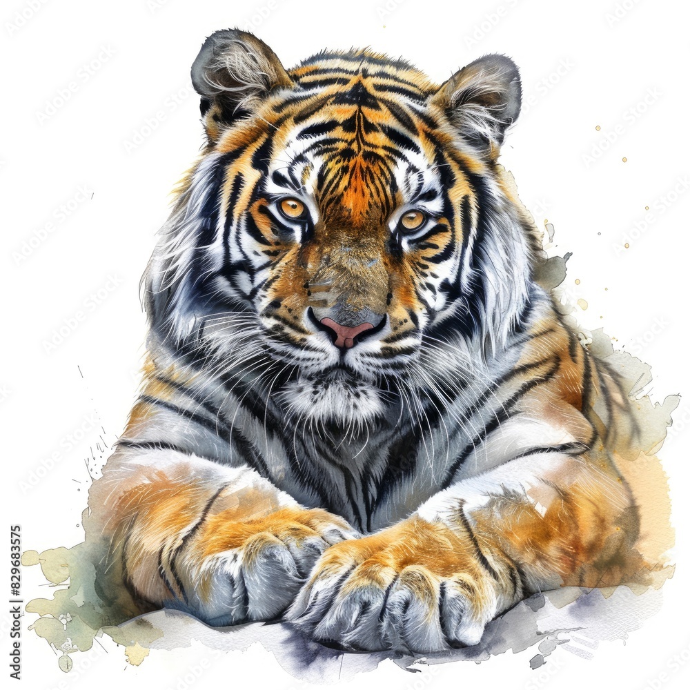 Obraz premium Ultra realistic watercolor style illustration of beautiful tiger, high detailed, isolated on white