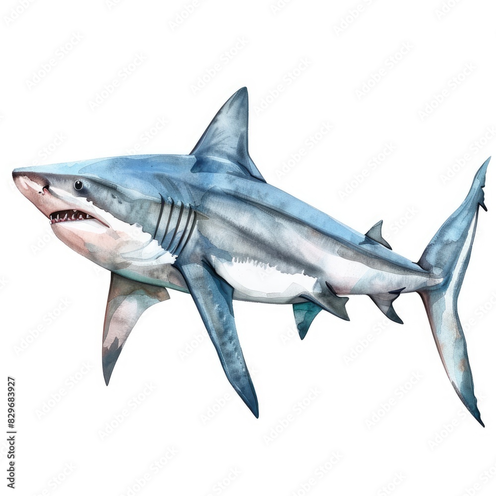 Obraz premium Ultra realistic watercolor style illustration of beautiful shark, high detailed, isolated on white