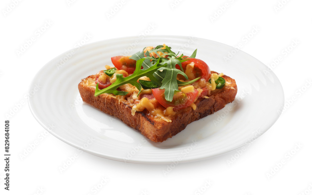 Plate with tasty pizza toast isolated on white Plate with tasty pizza toast isolated on white