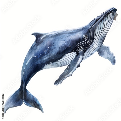Ultra realistic watercolor style illustration of beautiful whale, high detailed, isolated on white