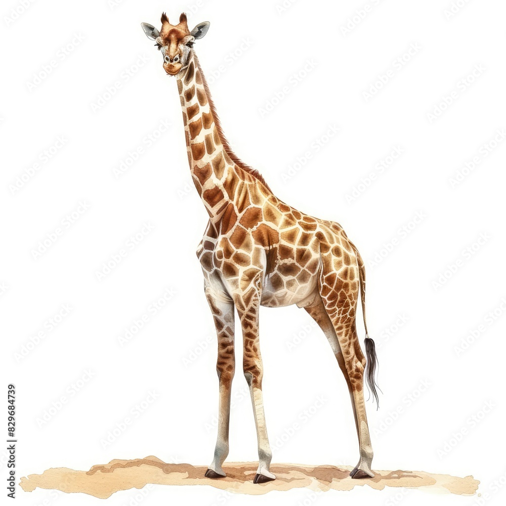 Naklejka premium Ultra realistic watercolor style illustration of beautiful giraffe, high detailed, isolated on white