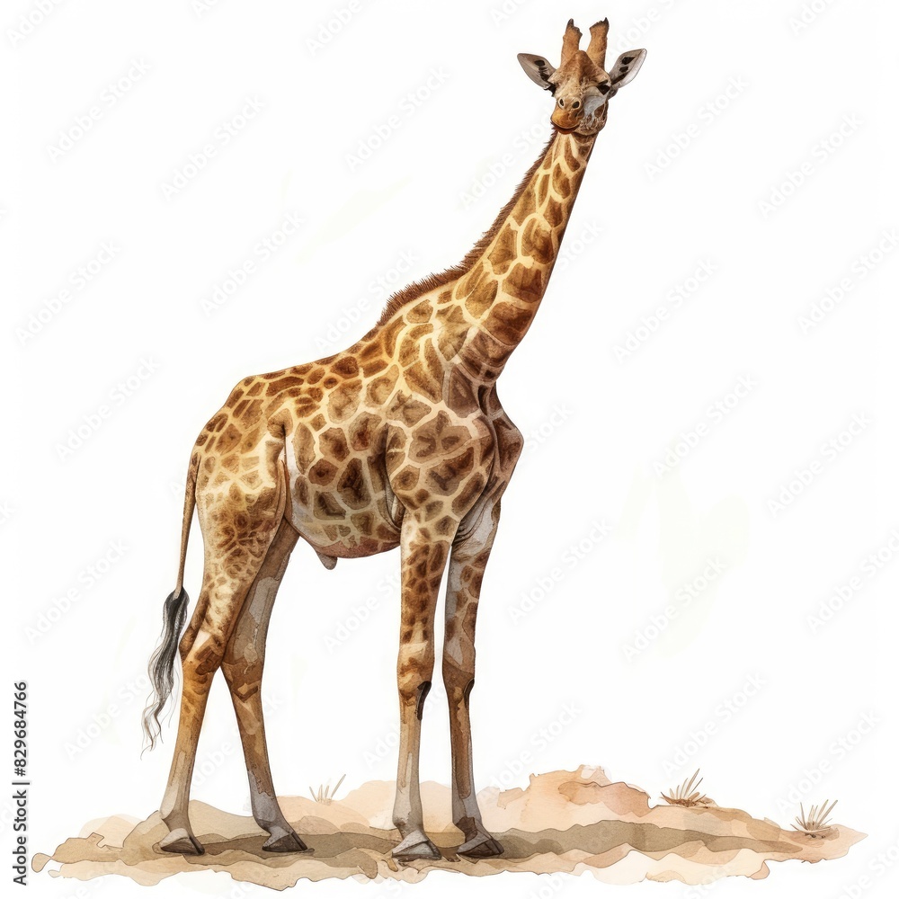 Naklejka premium Ultra realistic watercolor style illustration of beautiful giraffe, high detailed, isolated on white