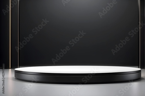 Luxury round black podium with white backlighting on abstract black background. platform for showing your products