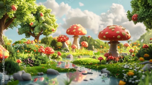Cheerful natural scene with whimsical pond, scattered mushrooms, and lush trees in a vibrant, playful clay animation style.