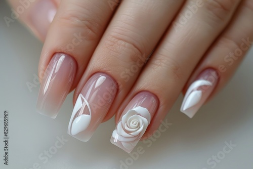 French Nails. Beautiful Woman s Hands with French Manicure and Rose in Nail Salon
