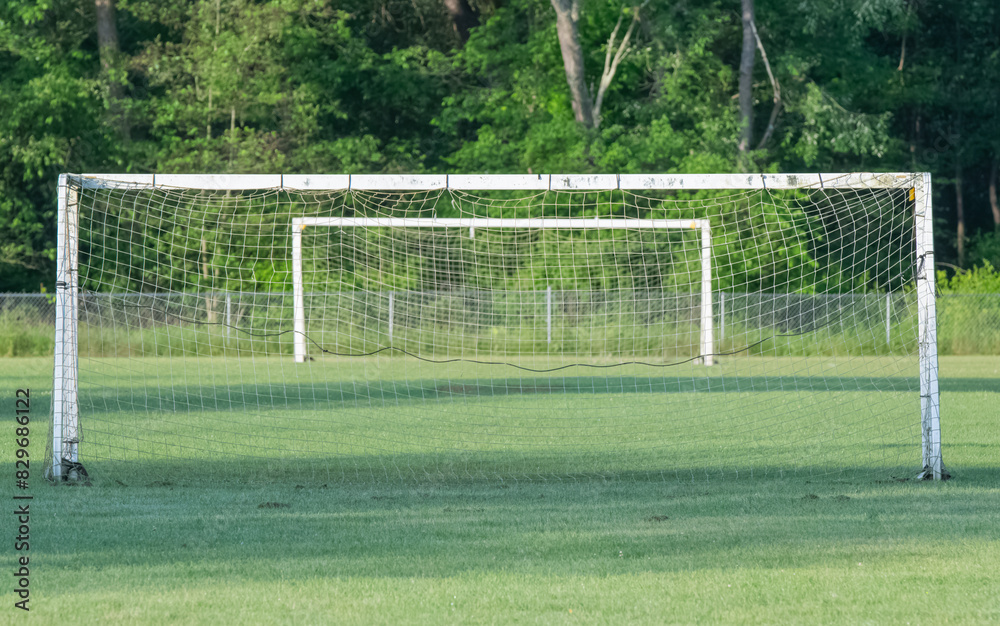 Fototapeta premium Soccer field amateur field, goal post, selective focus, green grass, summer fun sports