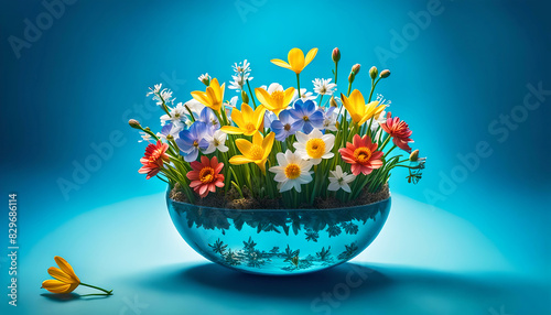 durchsichtige Glas Schale Blumenvase gefüllt mit bunten Blumen Blüten Pflanzen des Frühling wie zu Ostern dekorativ festlich vor Hintergrund in blau frisch und edel florale Dekoration dekorativ  photo