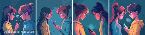 Media stalking cartoon vector concepts. Guys girls holding phones aggressive sad gloomy each other looking at speech bubbles threats insulting bullying messages, cyber violence social networks
