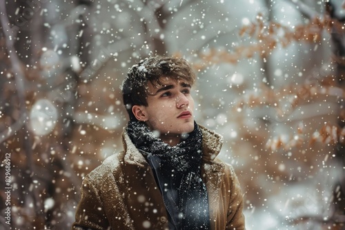 Man In Snow. Young Man in Winter Coat Standing in Snowfall