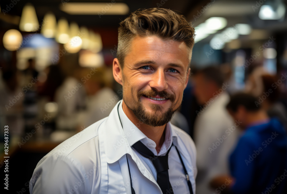 Fototapeta premium Friendly waiter in a bustling restaurant setting