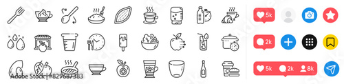Water cooler, Frappe and Croissant line icons pack. Social media icons. Fast food, Dry cappuccino, Champagne web icon. Apple, Glass, Salad pictogram. Fitness water, Cocoa nut, Porridge. Vector